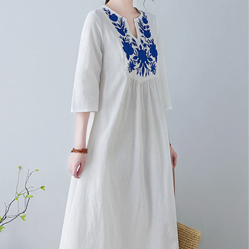 Buddha Stones Casual Bohemia Embroidery Floral Simple Design Three Quarter Sleeve V-Neck Cotton Linen Maxi Dress - image 7