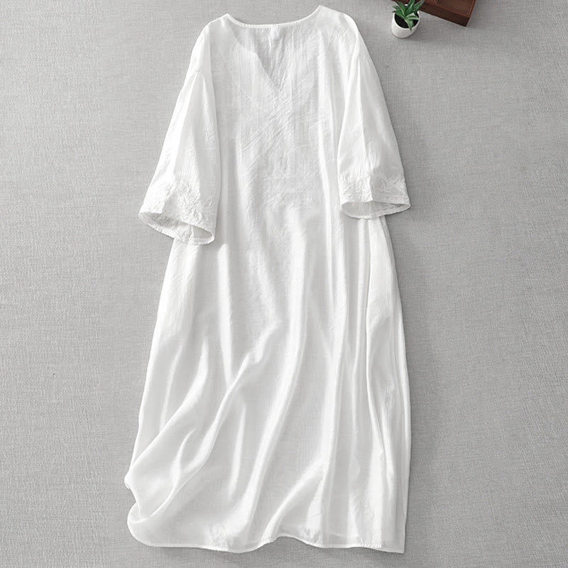 Foviel Sommer Weiß reine Farbe Stickerei Blatt Blume V-Ausschnitt Kurzarm Midikleid mit Taschen