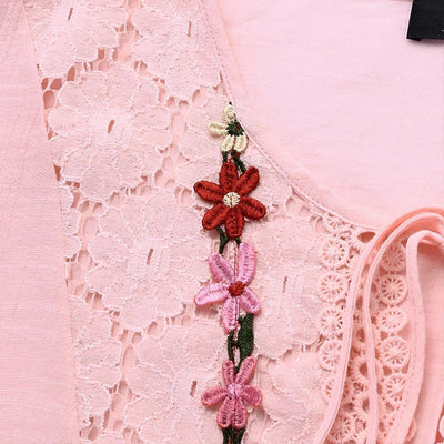 Buddha Stones Vintage Flower Embroidery Hole Design Lace-up Three Quarter Sleeve Cotton Women's Shirt - image 2
