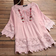 Foviel Vintage Flower Embroidery Hole Design Lace-up Three Quarter Sleeve Cotton Women's Shirt
