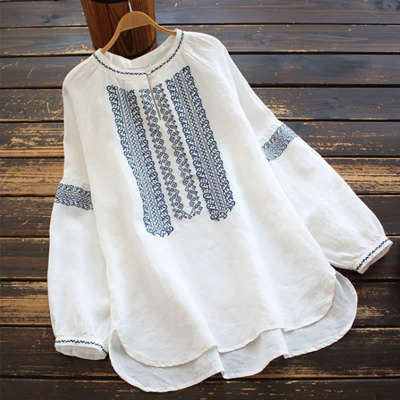 Foviel Ethnic Embroidery Bohemian Pattern Long Sleeve Crew Neck Women's Shirt