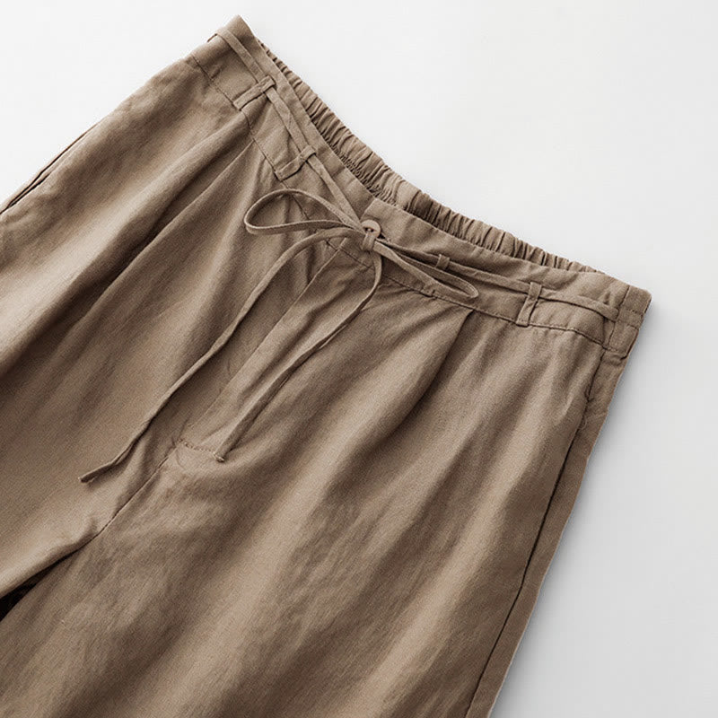 Buddha Stones Summer Plain Color Ankle-Length Drawstring Cotton Linen Women's Wide Leg Pants With Pockets Zipper - image 3