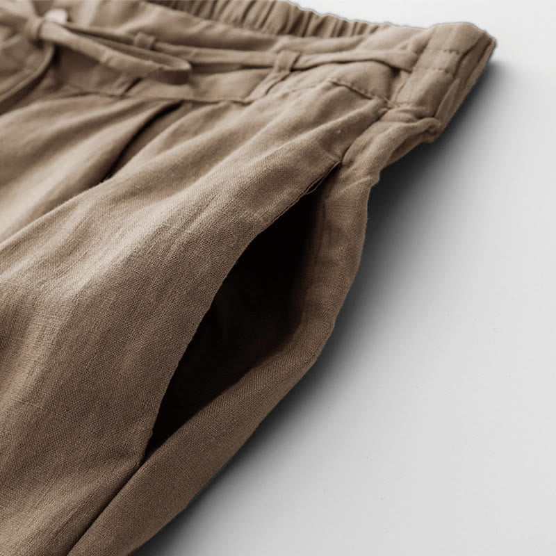 Buddha Stones Summer Plain Color Ankle-Length Drawstring Cotton Linen Women's Wide Leg Pants With Pockets Zipper - image 2