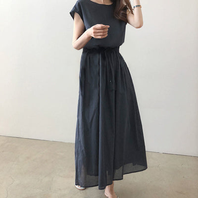Buddha Stones Casual Eastic Waist Drawstring Design Short Sleeve Midi Dress - SteelBlue - US8-10，UK/AU12-14，EU40-42 (2XL) - image 14