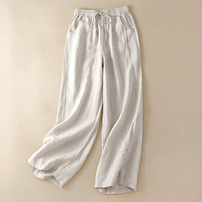 Buddha Stones Summer Casual Plain Color Embroidery Drawstring Cotton Linen Women's Wide Leg Pants With Pockets - image 1