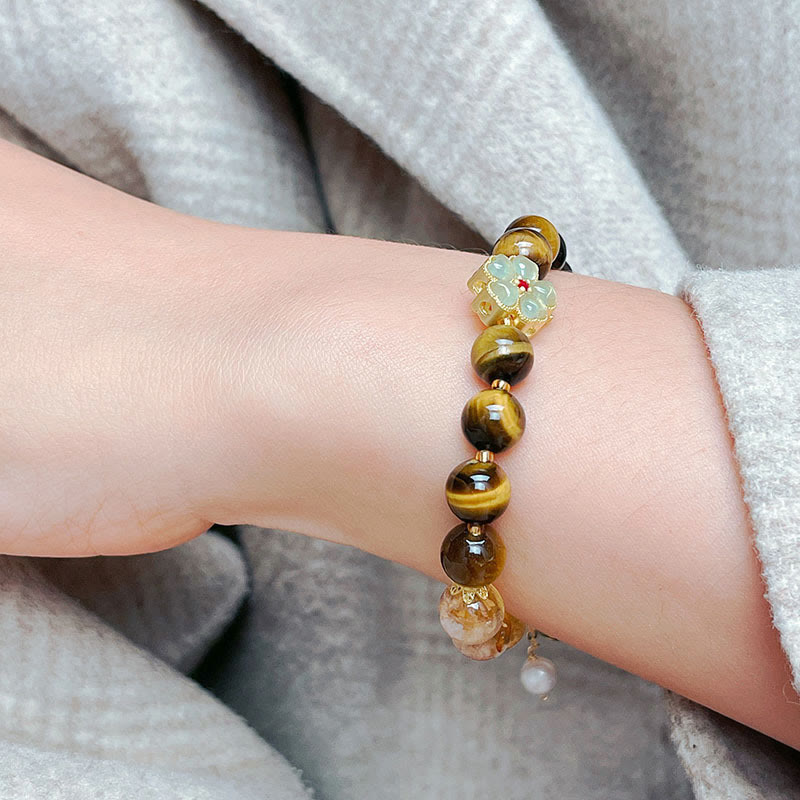 Bracelet Foviel à perles de fleur et clochette en œil de tigre naturel et citrine pour le courage