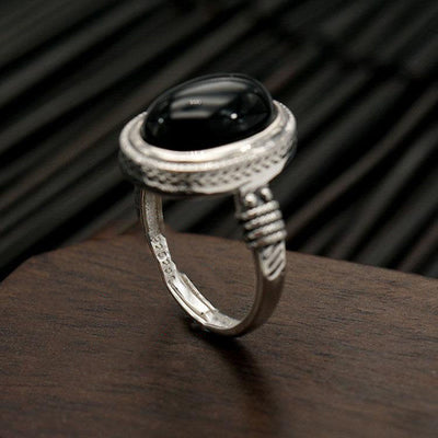 Foviel Natural Black Onyx Adjustable Protection Ring
