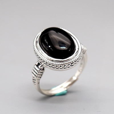 Foviel Natural Black Onyx Adjustable Protection Ring