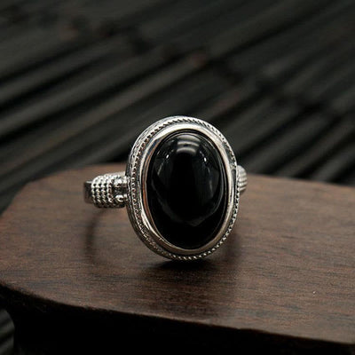 Foviel Natural Black Onyx Adjustable Protection Ring