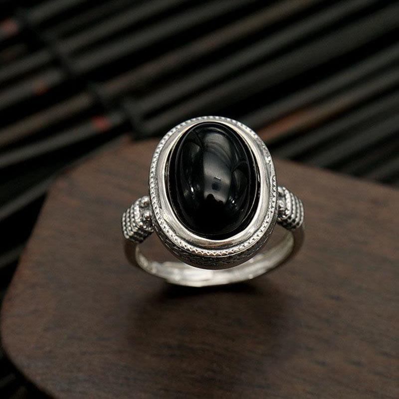 Foviel Natural Black Onyx Adjustable Protection Ring