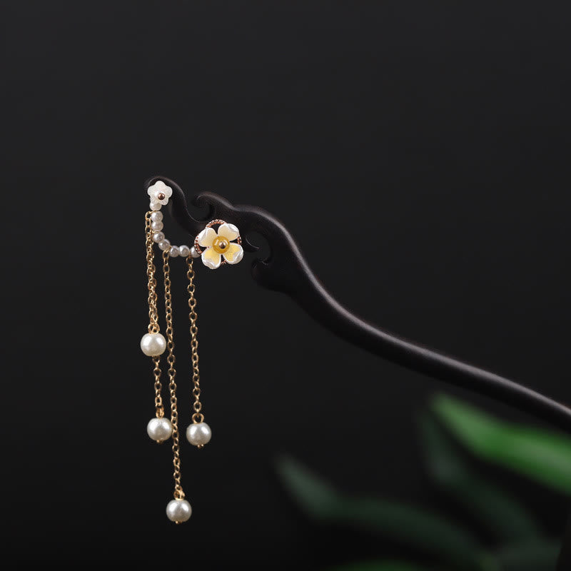 Foviel Ebony Shell Flower Pearl Tassel Blessing Hairpin