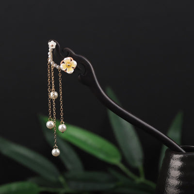 Foviel Ebony Shell Flower Pearl Tassel Blessing Hairpin