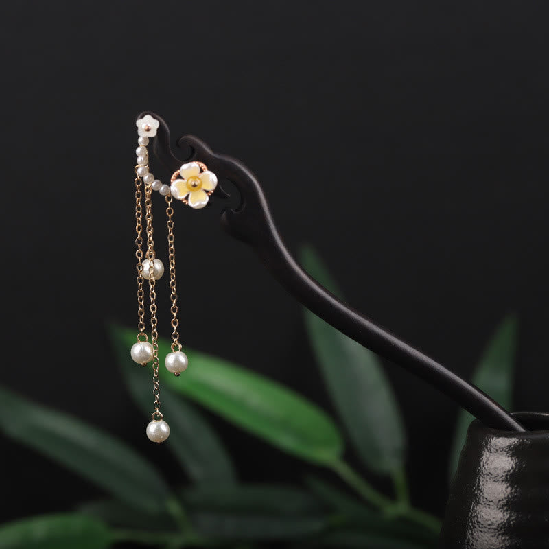 Foviel Ebony Shell Flower Pearl Tassel Blessing Hairpin