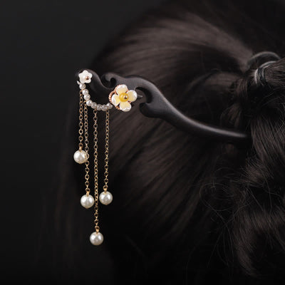 Foviel Ebony Shell Flower Pearl Tassel Blessing Hairpin