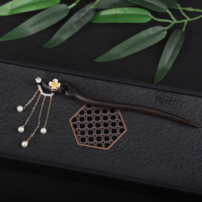 Foviel Ebony Shell Flower Pearl Tassel Blessing Hairpin