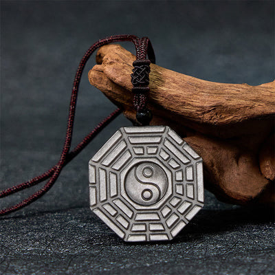 Foviel Silver Sheen Obsidian Bagua Yin Yang Symbol Protection Necklace Pendant