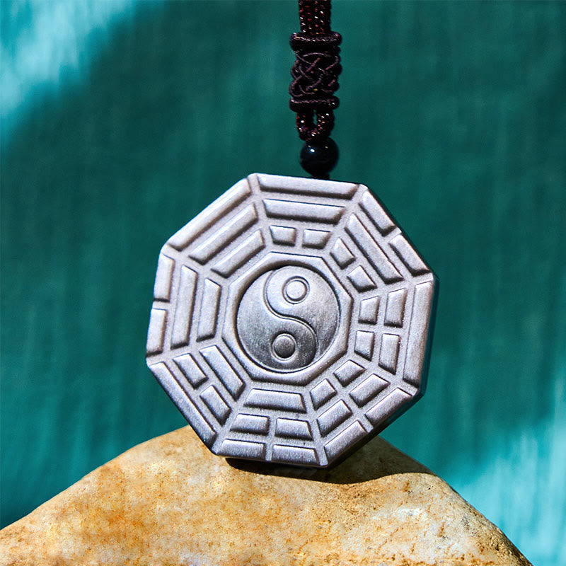 Foviel Silver Sheen Obsidian Bagua Yin Yang Symbol Protection Necklace Pendant