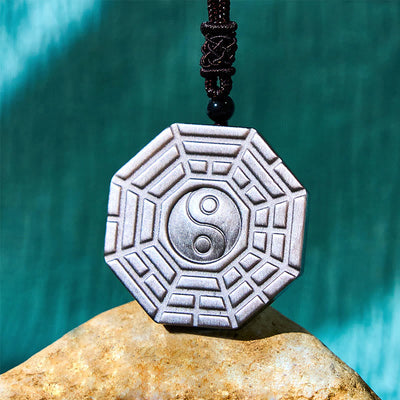 Foviel Silver Sheen Obsidian Bagua Yin Yang Symbol Protection Necklace Pendant