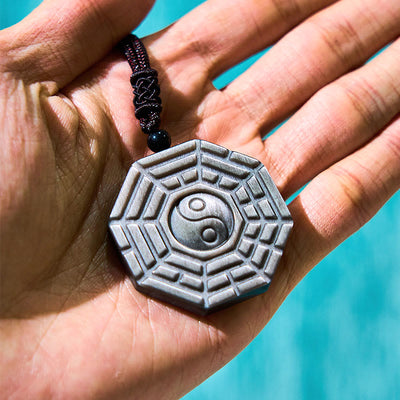 Foviel Silver Sheen Obsidian Bagua Yin Yang Symbol Protection Necklace Pendant
