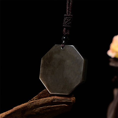 Foviel Silver Sheen Obsidian Bagua Yin Yang Symbol Protection Necklace Pendant