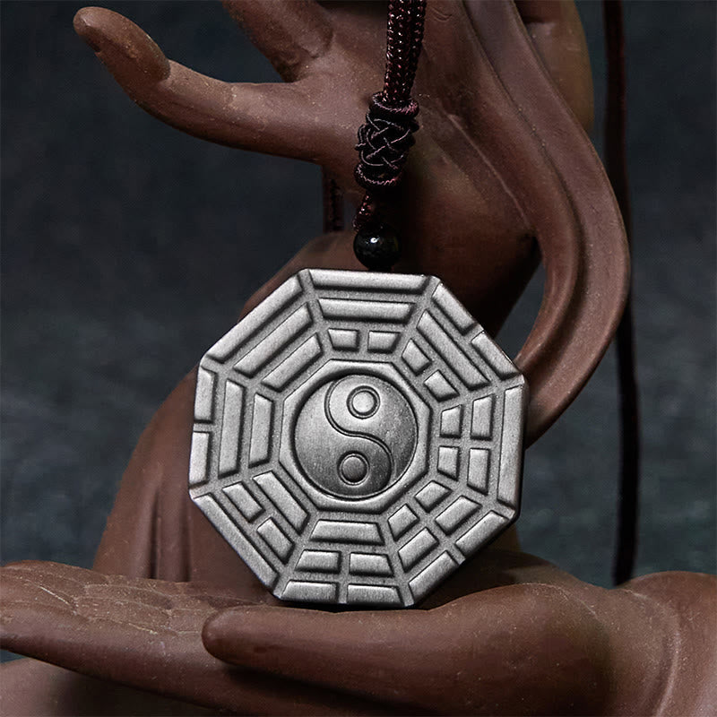 Foviel Silver Sheen Obsidian Bagua Yin Yang Symbol Protection Necklace Pendant