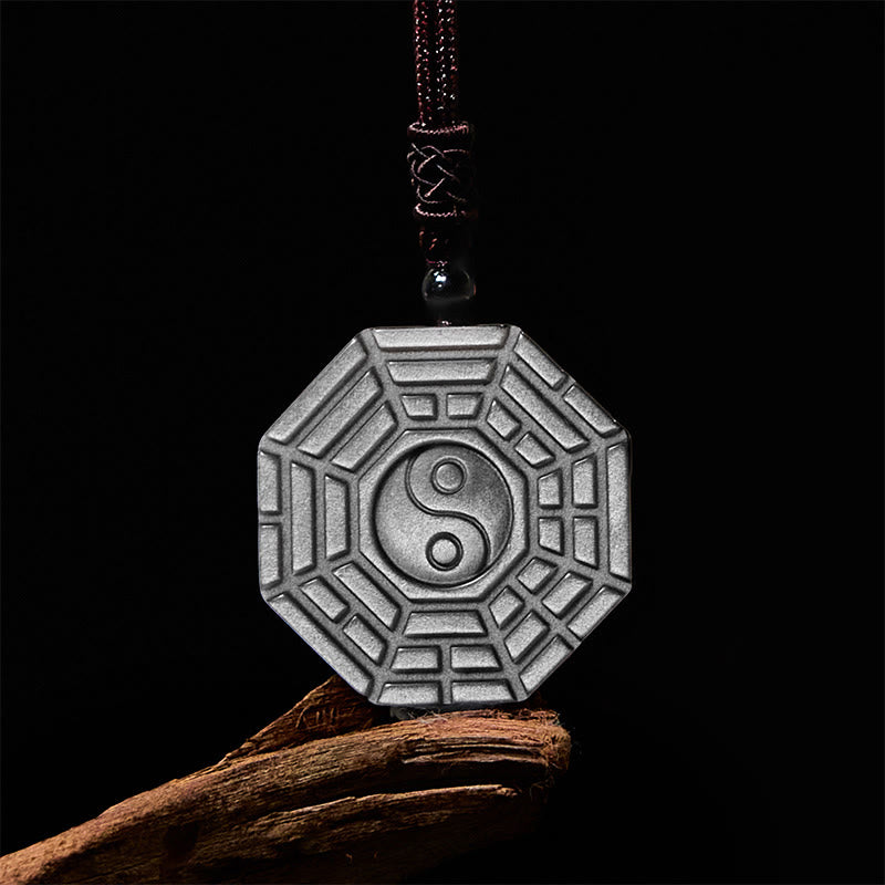 Foviel Silver Sheen Obsidian Bagua Yin Yang Symbol Protection Necklace Pendant