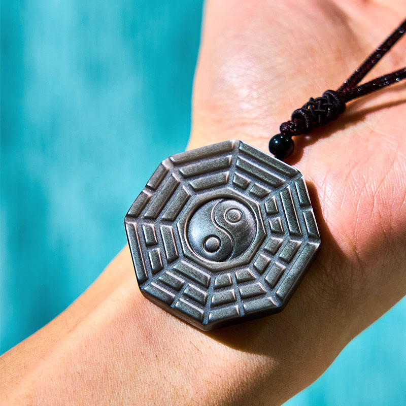 Foviel Silver Sheen Obsidian Bagua Yin Yang Symbol Protection Necklace Pendant