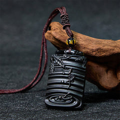 Pendentif collier Foviel en obsidienne noire naturelle motif bambou