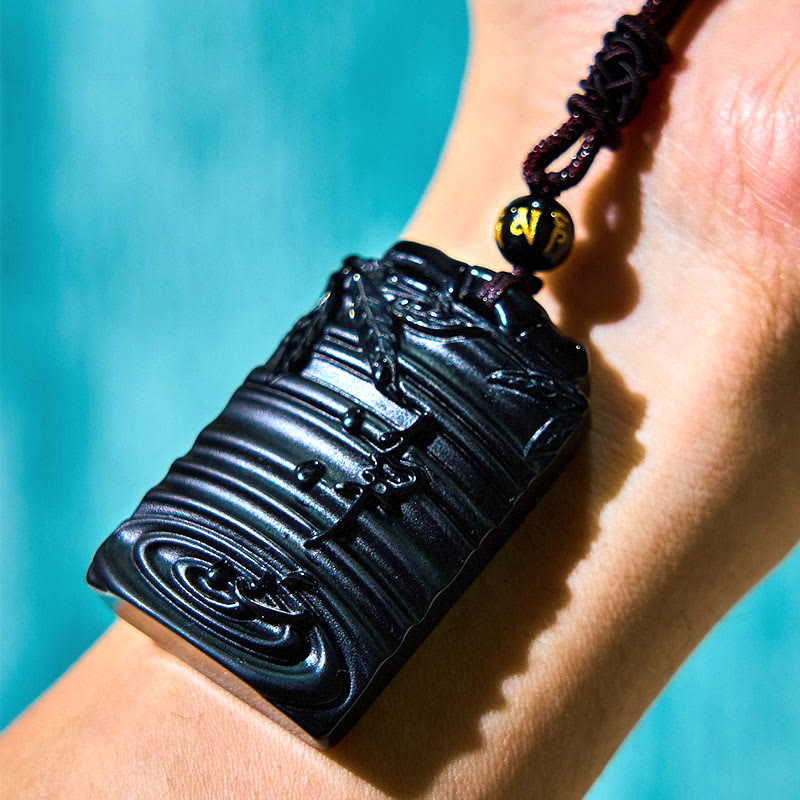 Pendentif collier Foviel en obsidienne noire naturelle motif bambou