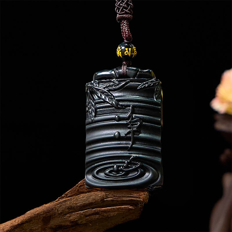 Pendentif collier Foviel en obsidienne noire naturelle motif bambou