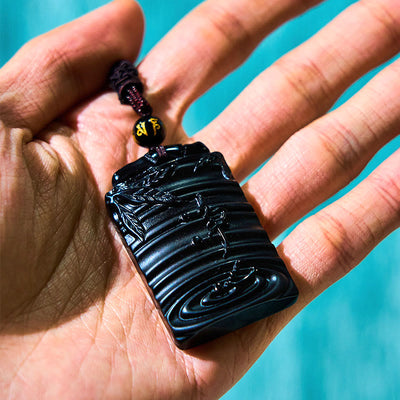 Pendentif collier Foviel en obsidienne noire naturelle motif bambou