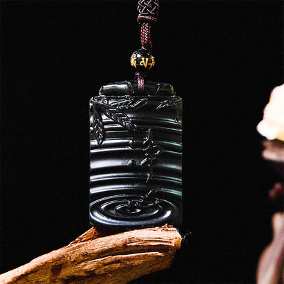 Pendentif collier Foviel en obsidienne noire naturelle motif bambou
