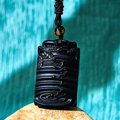 Pendentif collier Foviel en obsidienne noire naturelle motif bambou