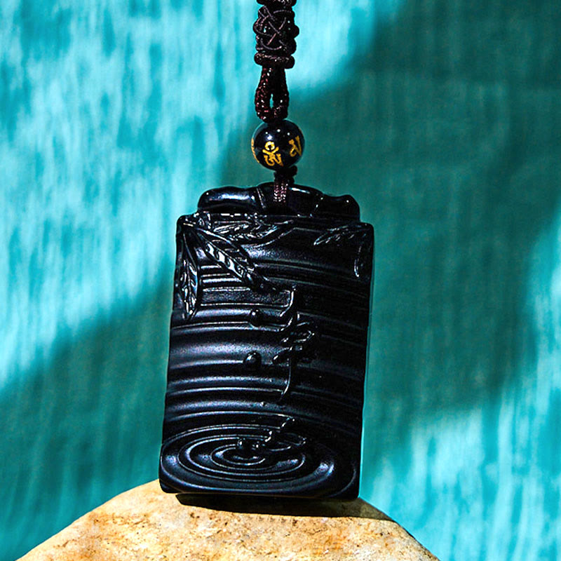 Pendentif collier Foviel en obsidienne noire naturelle motif bambou