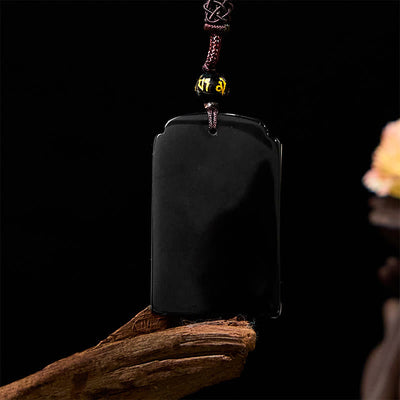 Pendentif collier Foviel en obsidienne noire naturelle motif bambou