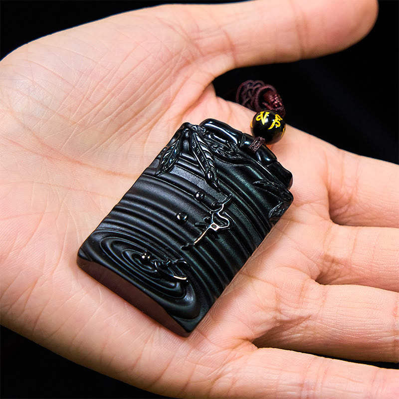 Pendentif collier Foviel en obsidienne noire naturelle motif bambou