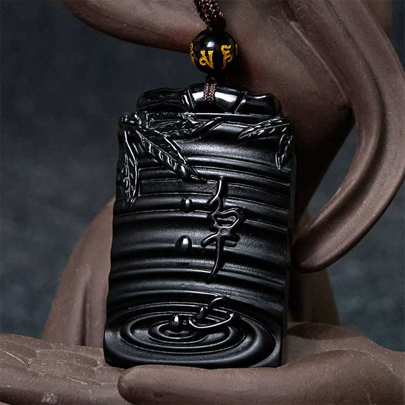 Pendentif collier Foviel en obsidienne noire naturelle motif bambou