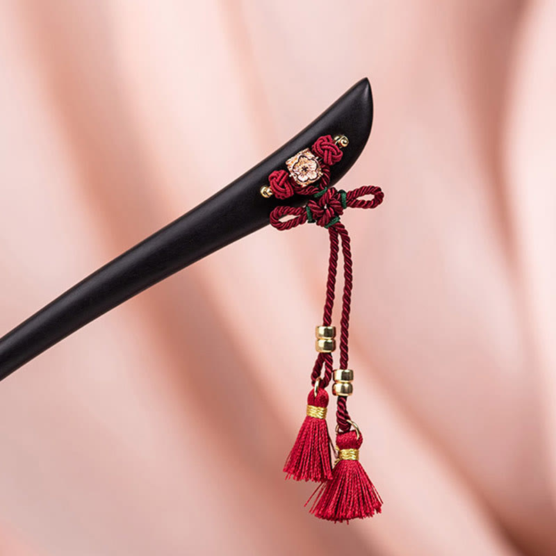 Foviel Ebony Red String Chinese Knot Tassel Protection Hairpin