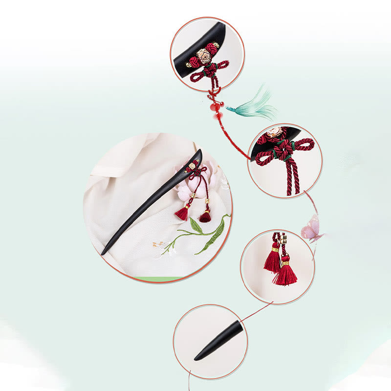 Foviel Ebony Red String Chinese Knot Tassel Protection Hairpin