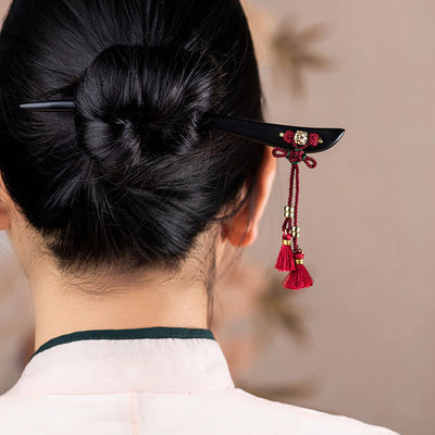 Foviel Ebony Red String Chinese Knot Tassel Protection Hairpin
