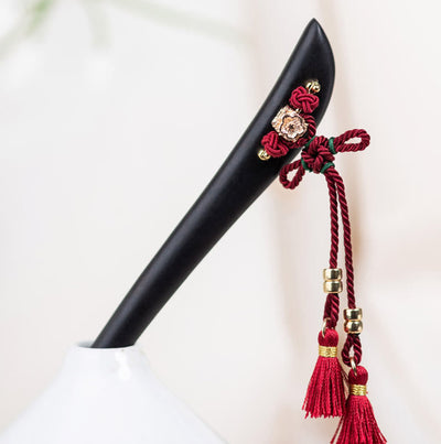Foviel Ebony Red String Chinese Knot Tassel Protection Hairpin