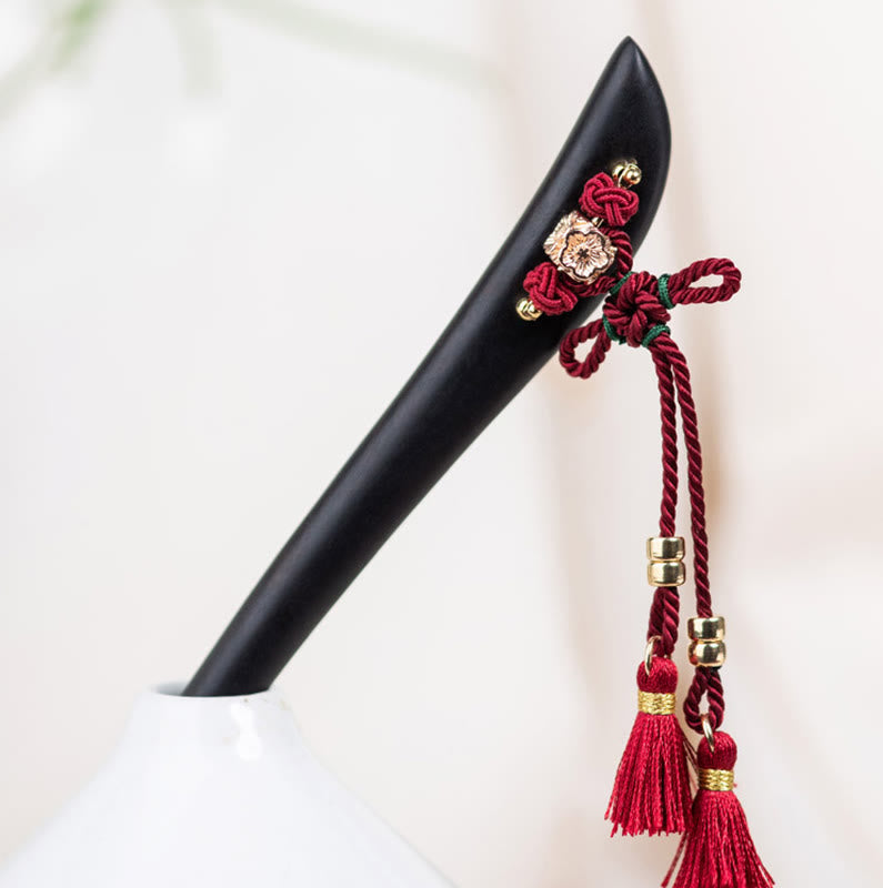 Foviel Ebony Red String Chinese Knot Tassel Protection Hairpin
