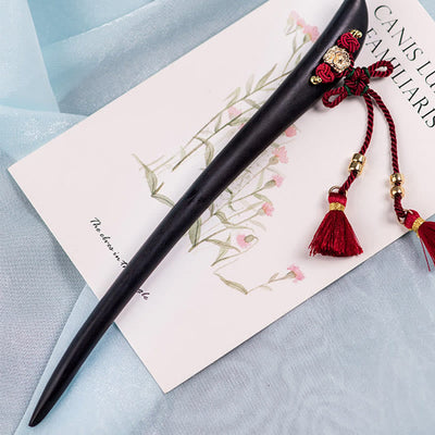 Foviel Ebony Red String Chinese Knot Tassel Protection Hairpin