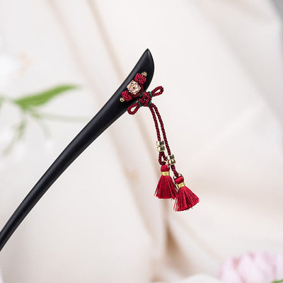 Foviel Ebony Red String Chinese Knot Tassel Protection Hairpin