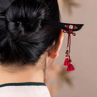 Foviel Ebony Red String Chinese Knot Tassel Protection Hairpin