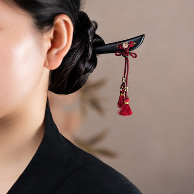 Foviel Ebony Red String Chinese Knot Tassel Protection Hairpin