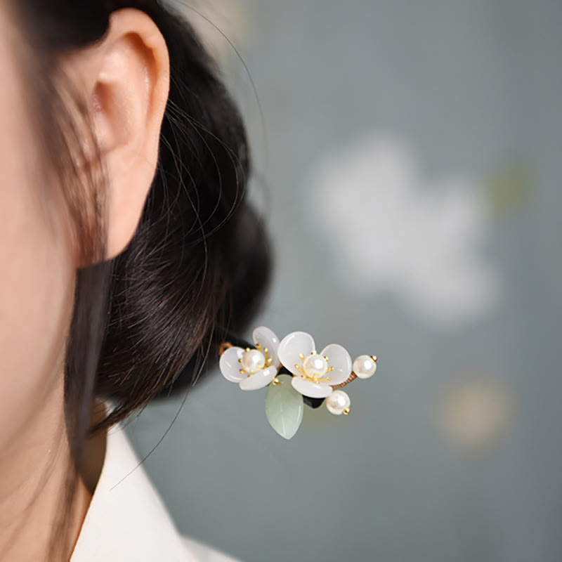 Épingle à cheveux de protection Foviel en bois grainé, verre liuli et perle, motif fleurs de magnolia
