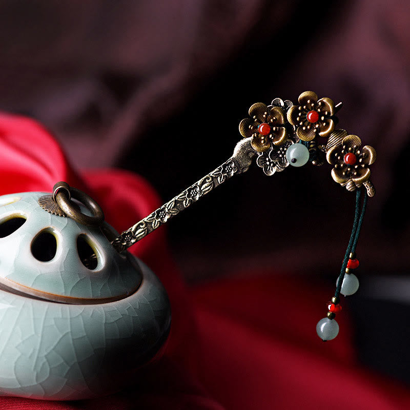 Foviel Green Aventurine Red Agate Alloy Flowers Soothing Hairpin