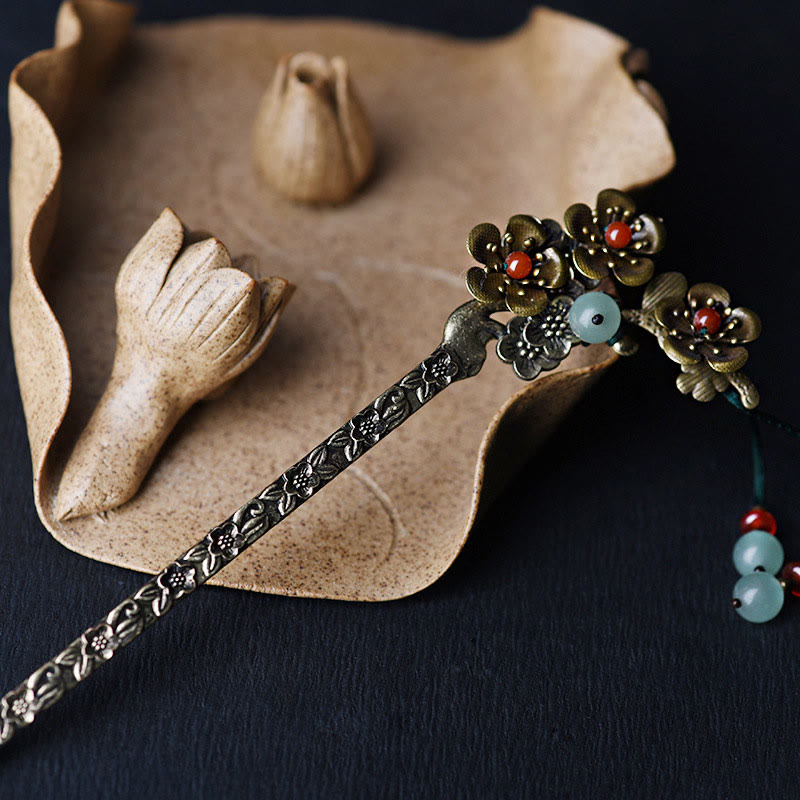 Foviel Green Aventurine Red Agate Alloy Flowers Soothing Hairpin