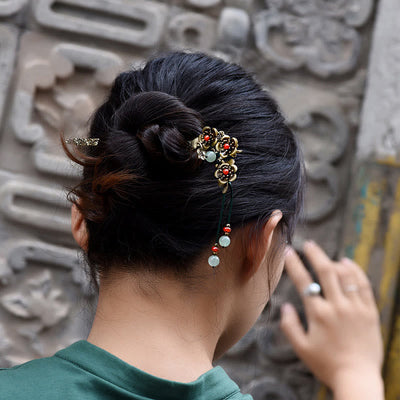 Foviel Green Aventurine Red Agate Alloy Flowers Soothing Hairpin